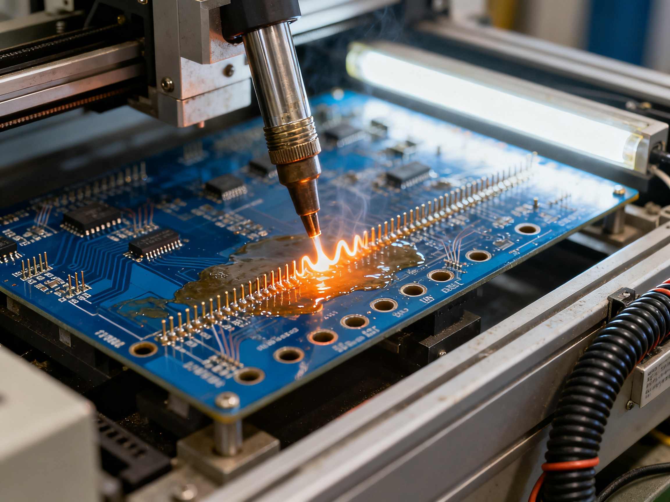 Close documentary detail shot inside a generic unbranded selective soldering machine.
