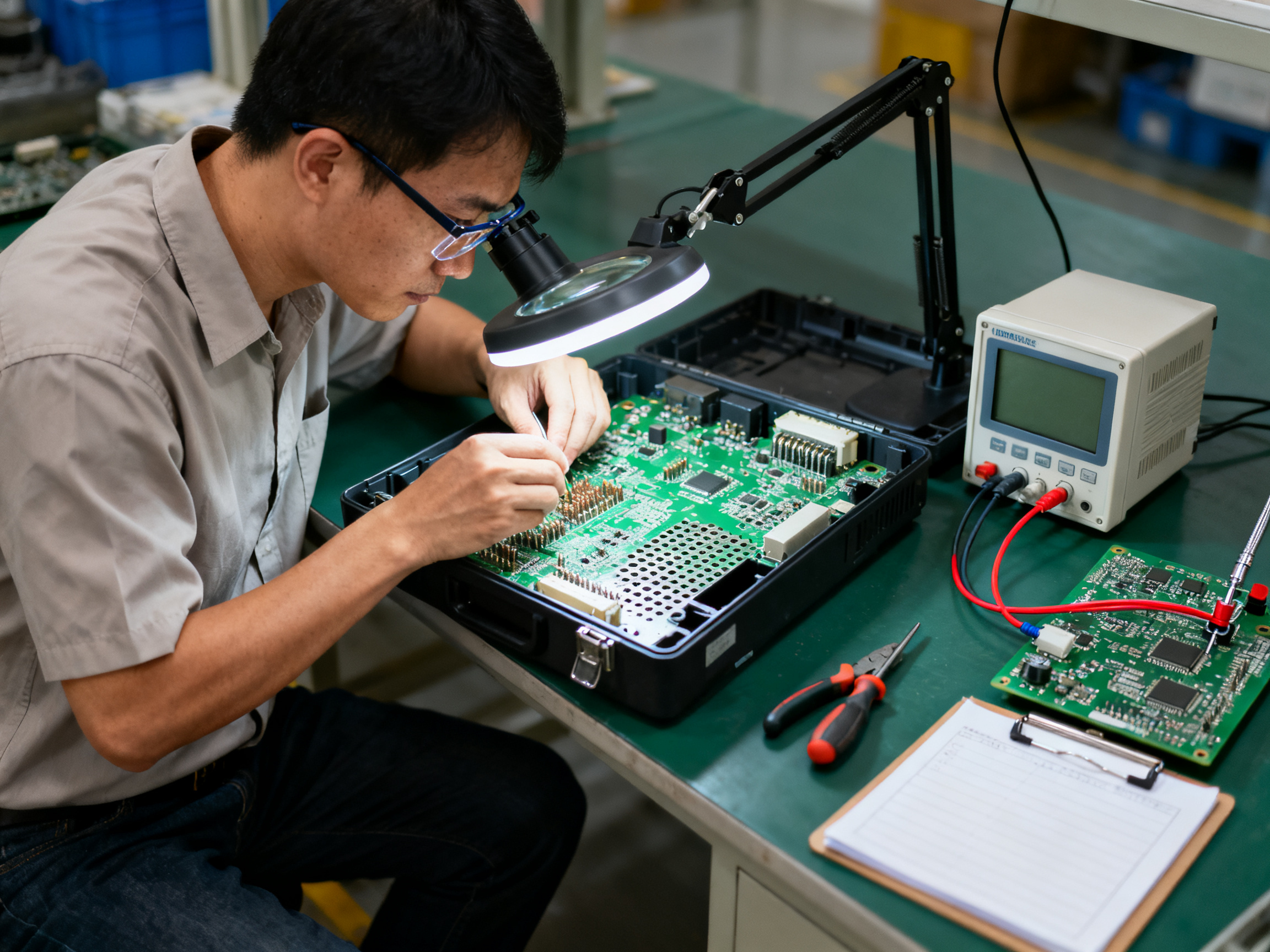 Documentary photograph of an engineer in a plain work shirt and safety glasses.