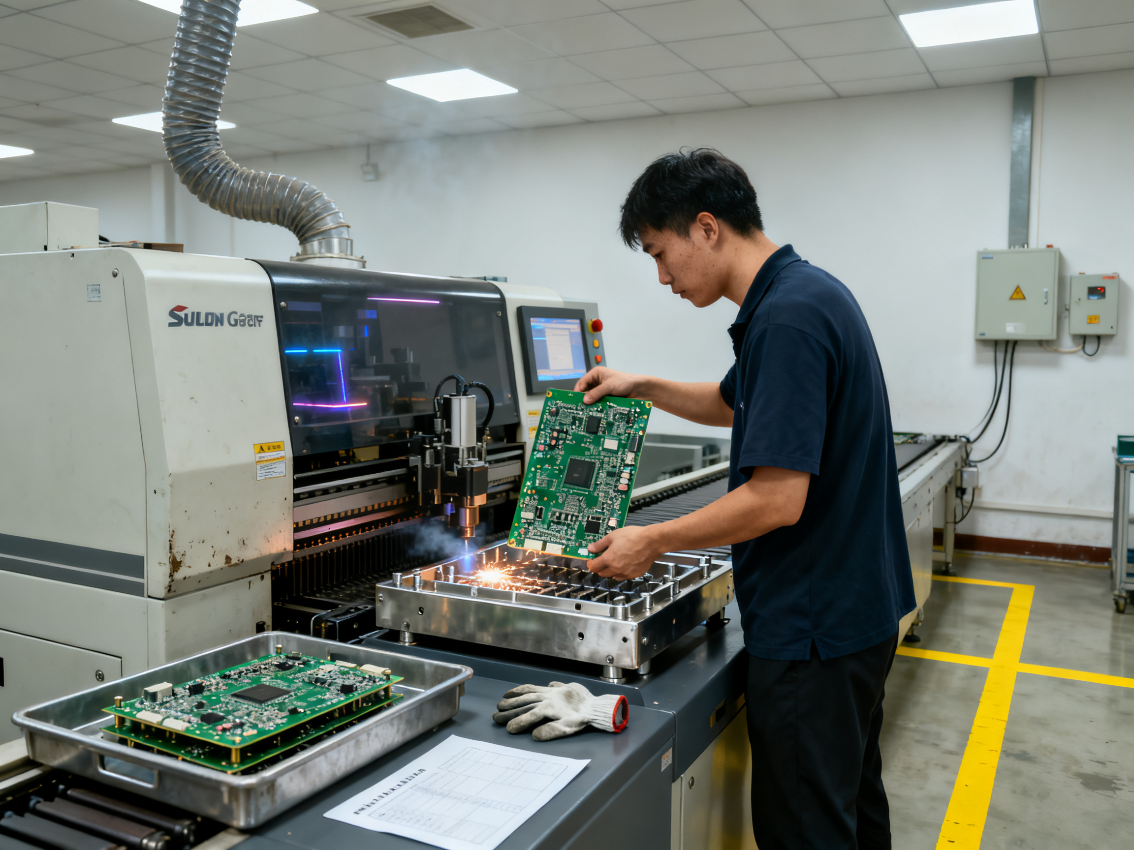 Documentary photograph of an operator loading a populated circuit board.
