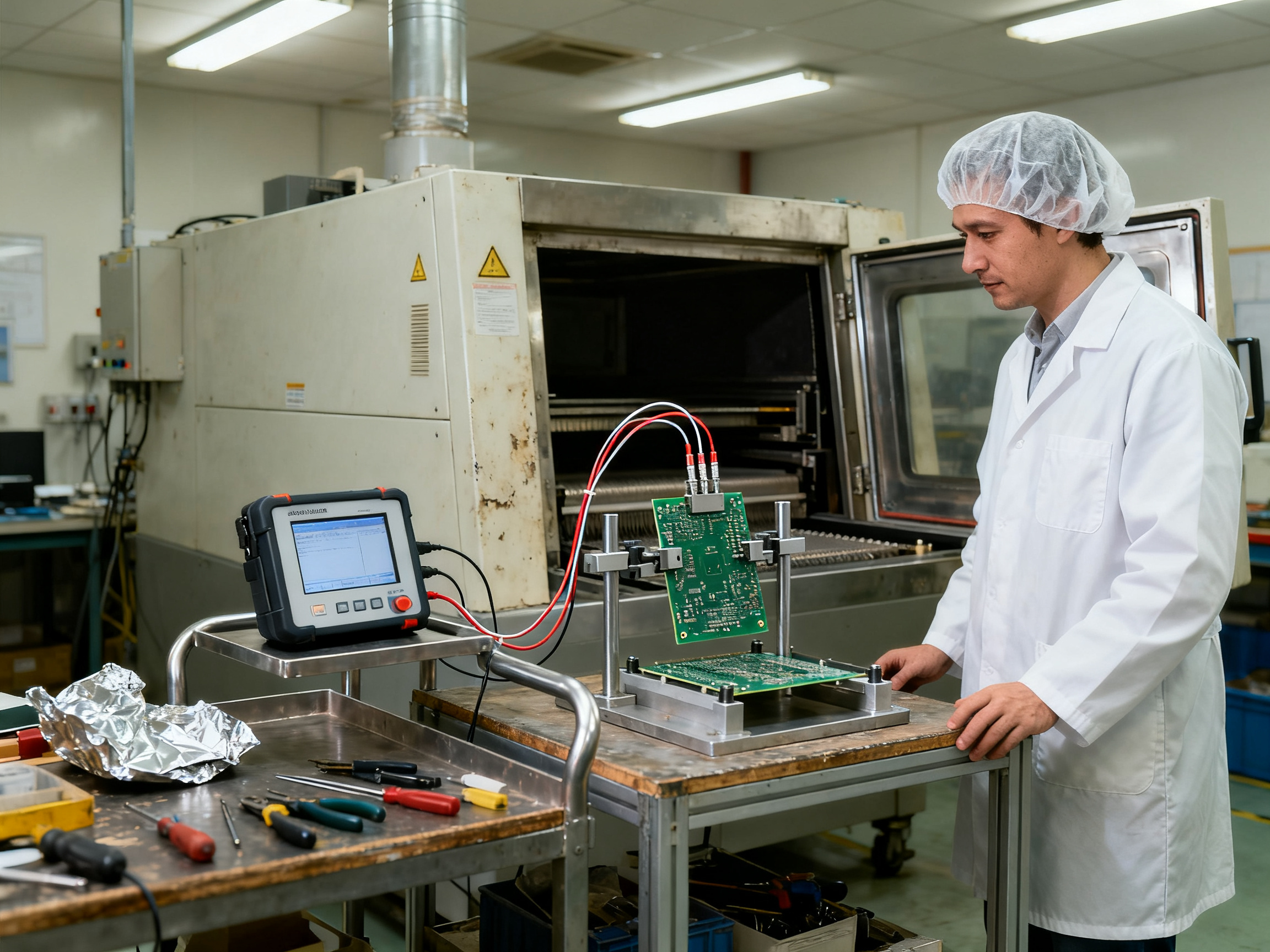 Wave Soldering vs Reflow Soldering: The Complete 2026 Comparison Guide for High-Volume SMT Manufacturing1 - S&M Co.Ltd Documentary factory photo of an engineer in a white coat and hair cover standing beside a soldering line.