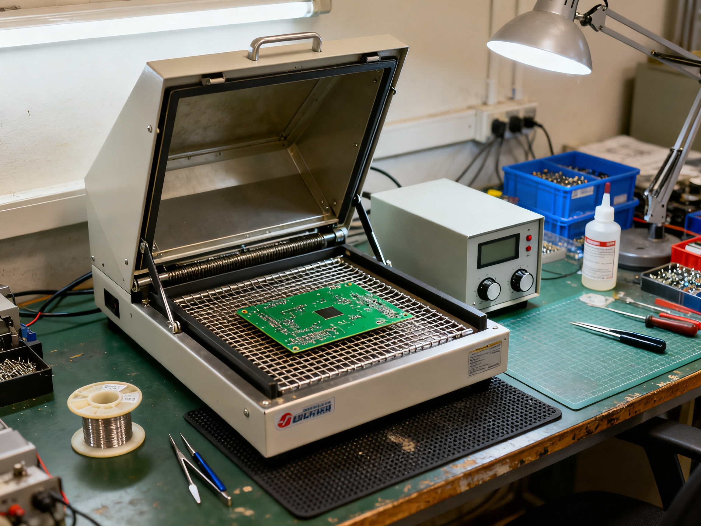 Best SMT Reflow Ovens in 2026: 8 Precision Heating Solutions for Every Budget1 - S&M Co.Ltd Industrial documentary photography close-up of a small unbranded benchtop batch oven.
