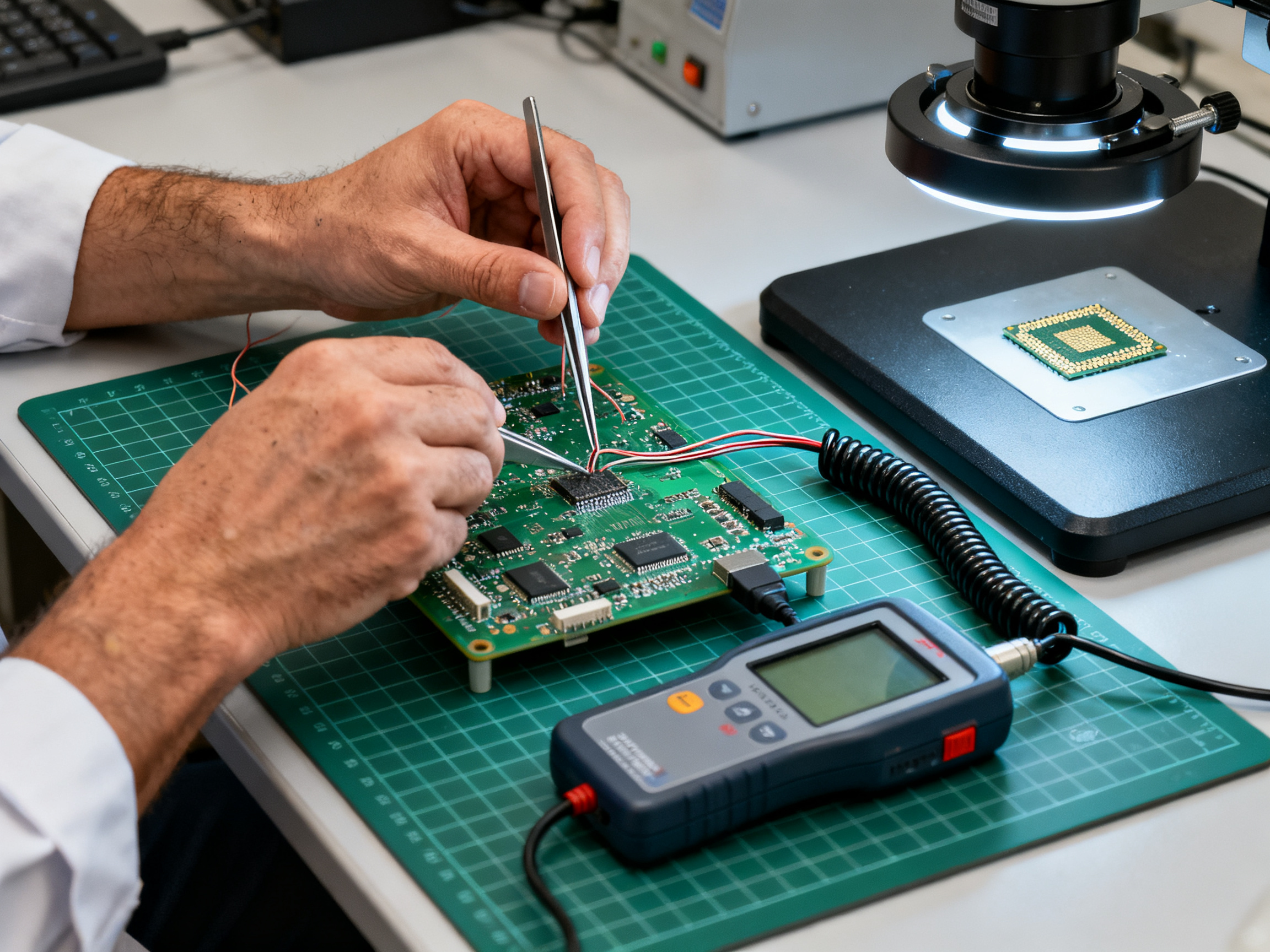 Best SMT Reflow Ovens in 2026: 8 Precision Heating Solutions for Every Budget2 - S&M Co.Ltd Industrial documentary photography chest-height shot of an engineer's hands at a workbench.
