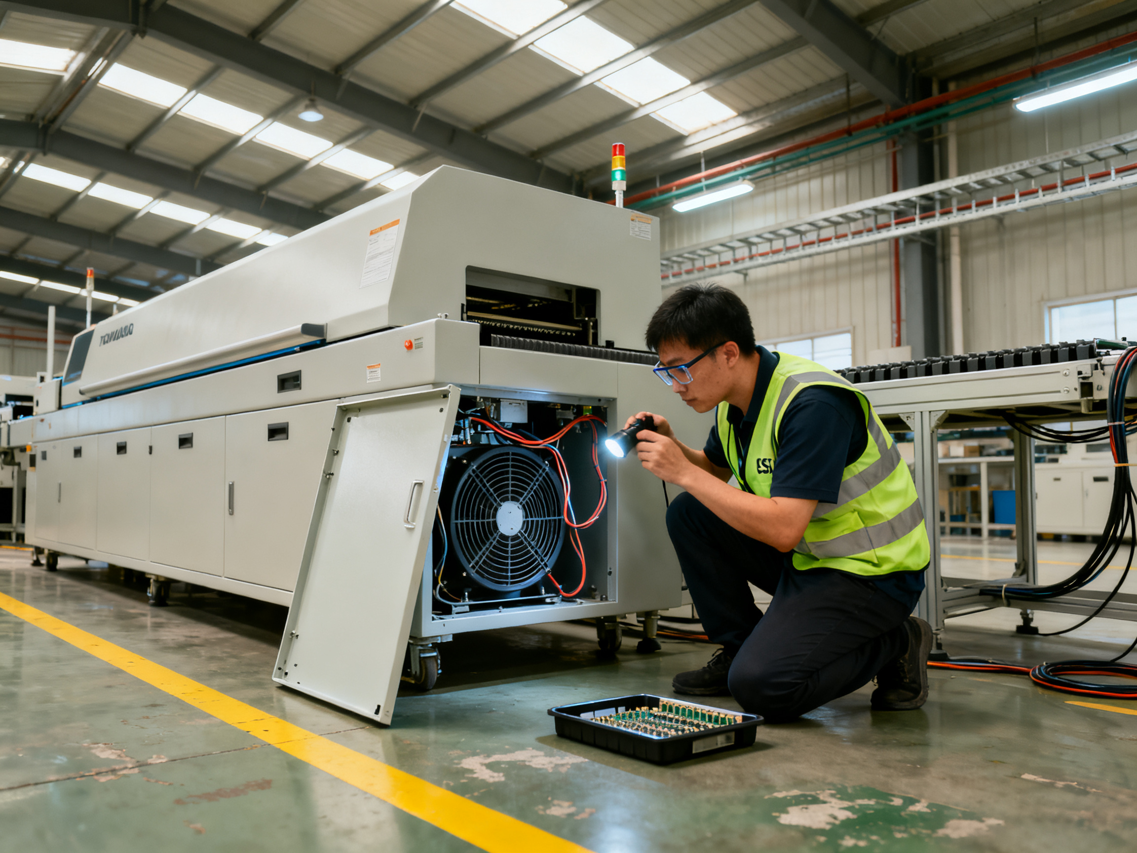 Best SMT Reflow Ovens in 2026: 8 Precision Heating Solutions for Every Budget3 - S&M Co.Ltd Industrial documentary photography low three-quarter angle of a technician in an electronics production environment.