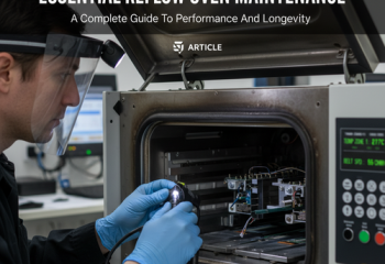 alt_text: A technician in gloves meticulously inspects the interior of an industrial reflow oven.
