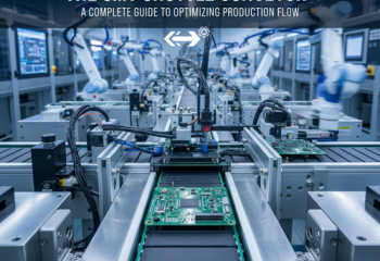alt_text: An automated SMT shuttle conveyor transports a printed circuit board in a high-tech factory.