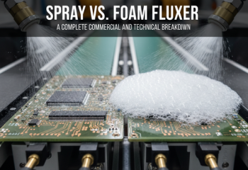 alt_text: A close-up of a circuit board getting coated with spray and foam flux before soldering.