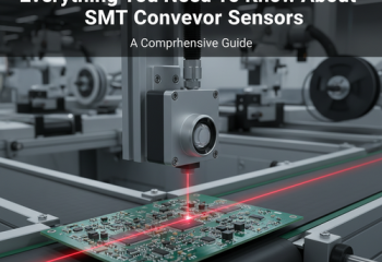 alt_text: A close-up of an SMT sensor monitoring a circuit board on a factory conveyor belt.