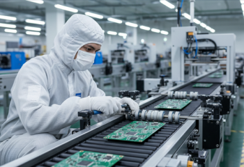 alt_text: A technician in a cleanroom suit maintains a PCB conveyor belt in a factory.
