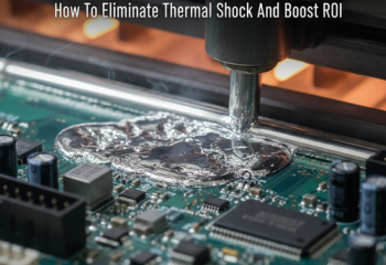 alt_text: A close-up of a PCB during wave soldering, showing molten solder and thermal shock effects.