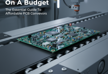 Automate On A Budget: The Essential Guide To Affordable PCB Conveyors alt_text: A close-up of a detailed PCB on a sleek, modern factory conveyor belt.