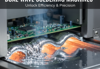 The Ultimate Guide To Dual Wave Soldering Machines alt_text: A close-up of a circuit board passing through a shimmering wave of molten solder in a machine.