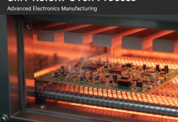 A Comprehensive Guide To The SMT Reflow Oven Process alt_text: A green circuit board moves through a glowing SMT reflow oven on a conveyor belt.