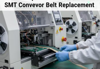 A Comprehensive Guide To SMT Conveyor Belt Replacement alt_text: A technician replaces a conveyor belt on an SMT electronics assembly machine.